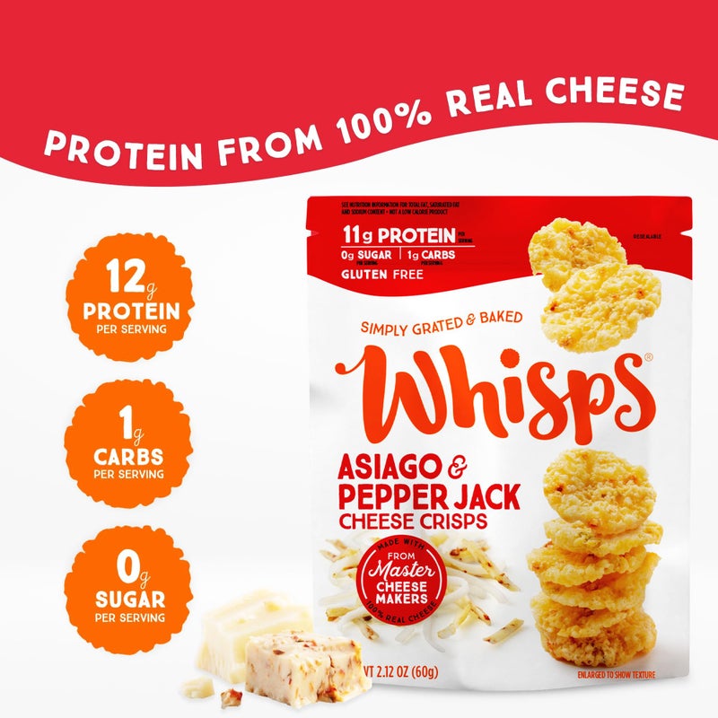 Whisps Cheese Crisps Asiago & Pepper Jack | Protein Chips | Healthy Snacks | Protein Snacks, Gluten Free, High Protein, Low Carb Keto Food (2.12 Oz, 6 Pack) - Image 2